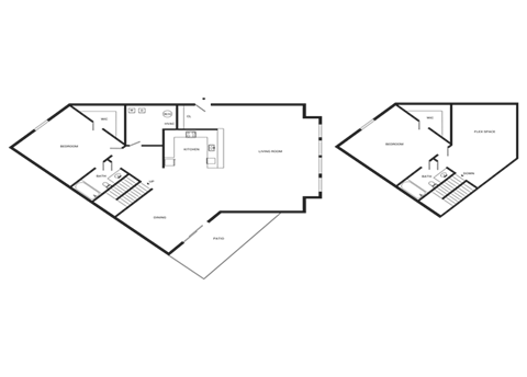 A floor plan of a two-story building with a kitchen, living room, and bedrooms.