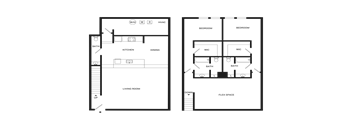 A floor plan of a two-bedroom apartment with a living room, kitchen, and bathroom.