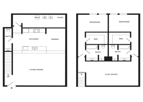 A floor plan of a two-bedroom apartment with a living room, kitchen, and bathroom.