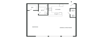A floor plan of a small apartment with a bedroom, kitchen, and dining/living room.