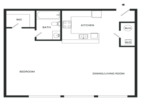 A floor plan of a small apartment with a bedroom, kitchen, and dining/living room.