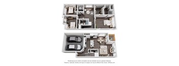 A 3D floor plan of a house with two bedrooms, a living room, a kitchen, and a garage.