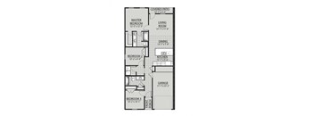 A floor plan of a house with a master bedroom, two additional bedrooms, a living room, dining room, kitchen, and a garage.