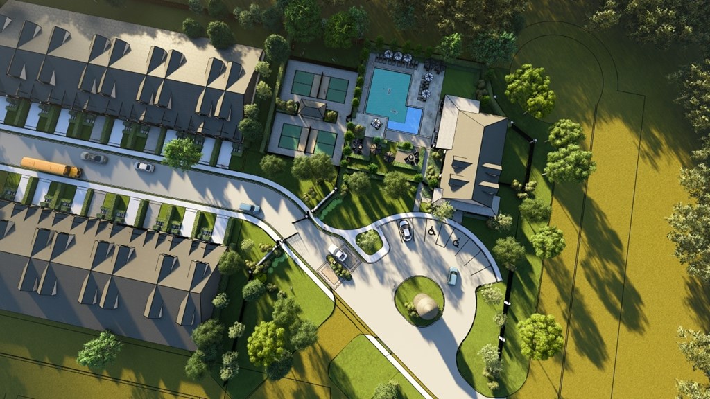 A bird's eye view of a residential area with a swimming pool and a playground.
