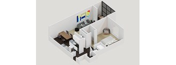 a 3d floor plan of a bedroom and living room