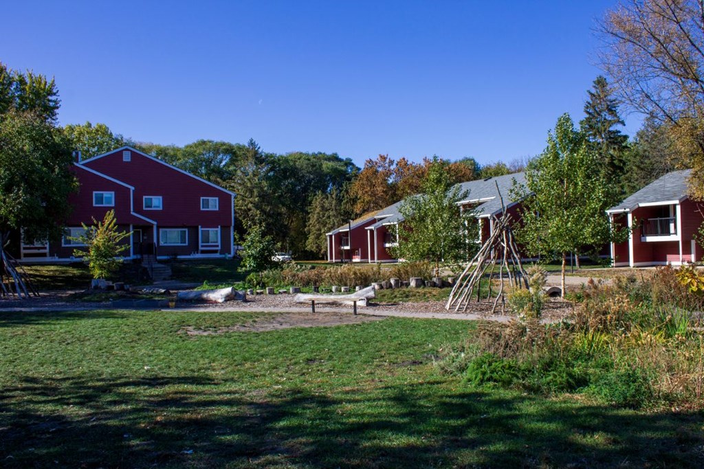 a group of houses with a yard and a swing
