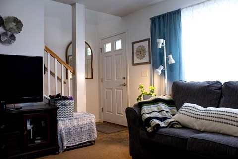 a living room with a couch and a tv