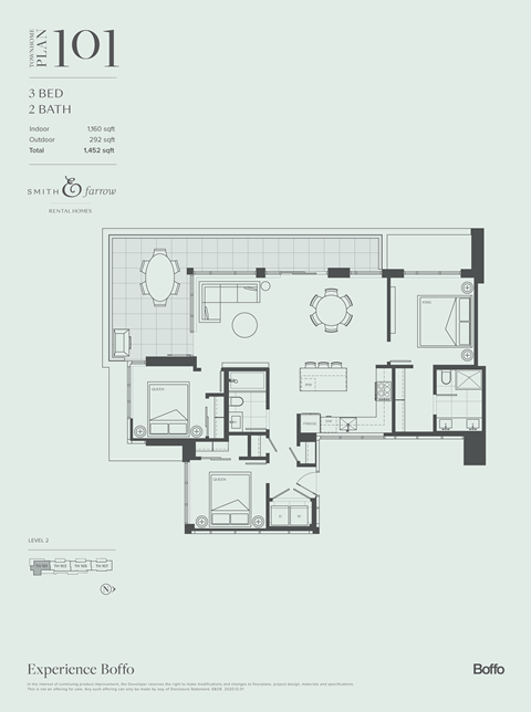 A floor plan of a 3 bedroom, 2 bathroom apartment with a total area of 1452 square feet.