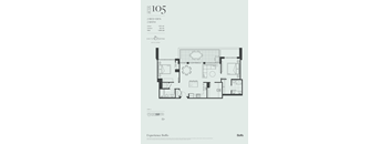 A floor plan for a 105 square meter apartment with two bedrooms and two bathrooms.