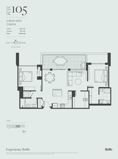 A floor plan for a 105 square meter apartment with two bedrooms and two bathrooms.