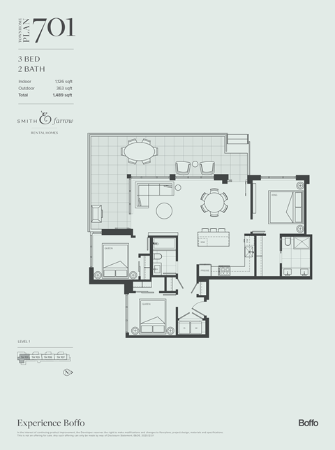 A floor plan of a 3 bedroom, 2 bathroom apartment with a total area of 1,489 square feet.
