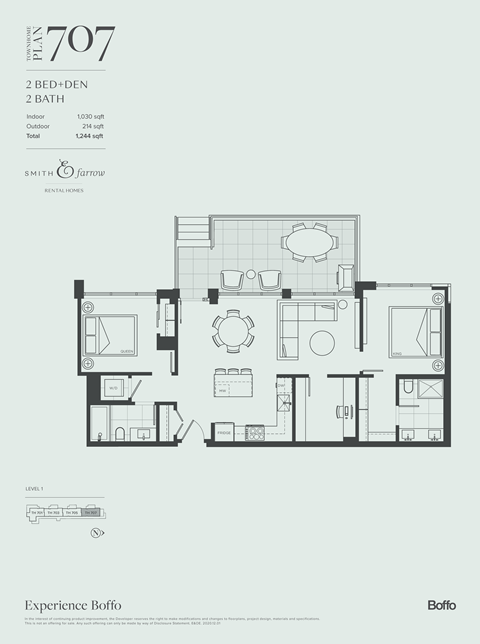 A floor plan for a 2 bedroom, 2 bathroom apartment sized at 128 square meters.