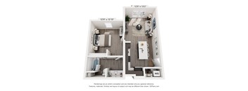 A floor plan of a small apartment with a kitchen, living room, and bathroom.