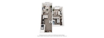 A floor plan of a small apartment with a kitchen, living room, and bedroom.