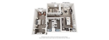 A 3D floor plan of a small apartment with a kitchen, living room, and bathroom.