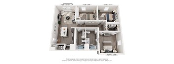 A 3D floor plan of a small apartment with a kitchen, living room, and bathroom.