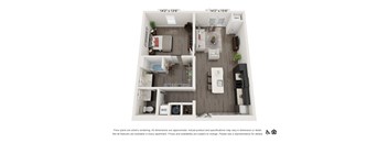 A floor plan of an apartment with a kitchen, living room, and bathroom.