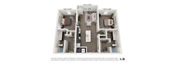 A floor plan of an apartment with two bedrooms, a living room, a kitchen, and a bathroom.