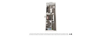 A floor plan of a room with a bed, desk, and chair.