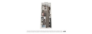 A floor plan of a small apartment with a bed, desk, and kitchenette.