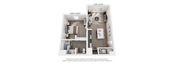 A 3D floor plan of a small apartment with a kitchen, living room, and bathroom.