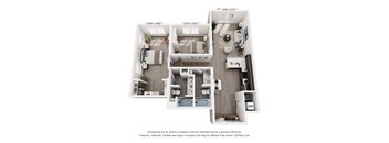 A 3D floor plan of a small apartment with a kitchen, living room, and bathroom.