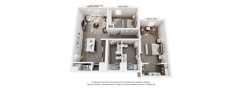 A 3D floor plan of a small apartment with a kitchen, living room, and bathroom.