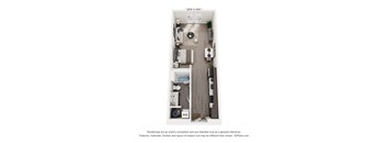 A 209" x 149" floor plan of a studio apartment with a kitchenette, a bed, and a desk.
