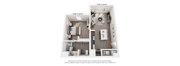 A 3D floor plan of a small apartment with a kitchen, living room, and bathroom.