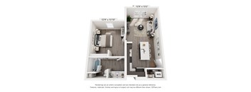 A floor plan of a small apartment with a kitchen, living room, and bathroom.