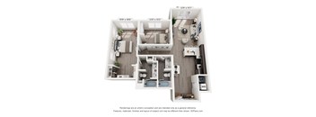 A 3D floor plan of a small apartment with a kitchen, living room, and bathroom.