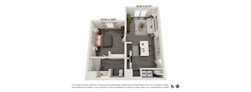 A floor plan of a small apartment with two bedrooms and a living room.