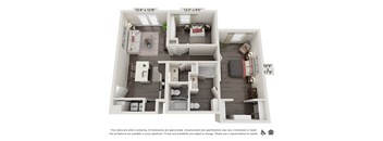 A floor plan of an apartment with two bedrooms, a living room, and a kitchen.