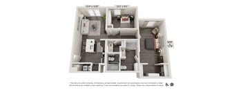 A floor plan of an apartment with two bedrooms, a living room, and a kitchen.