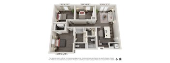 A 3D floor plan of an apartment with dimensions and notes on availability and features.