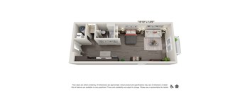 A floor plan of an apartment with a living room, kitchen, and two bedrooms.
