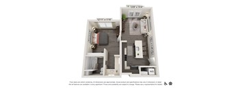 A floor plan of an apartment with a living room, kitchen, and two bedrooms.