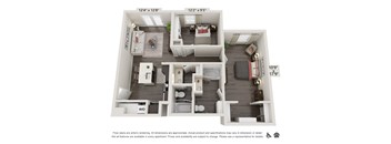 A floor plan of an apartment with two bedrooms, a living room, a kitchen, and a bathroom.