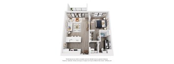 A 3D floor plan of a small apartment with a kitchen, living room, and bedroom.