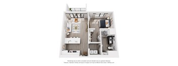 A 3D floor plan of a small apartment with a kitchen, living room, and bathroom.
