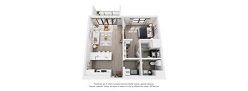 A 3D floor plan of a small apartment with a kitchen, living room, and bathroom.