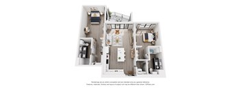 A 3D floor plan of a small apartment with a kitchen, living room, and bathroom.