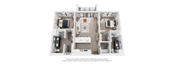 A 3D floor plan of a house with a kitchen, living room, and two bedrooms.