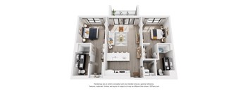 A 3D floor plan of a house with a kitchen, living room, and bathrooms.