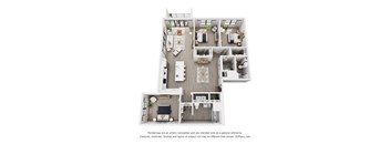 A 3D floor plan of a house with a kitchen, living room, dining room, and two bedrooms.