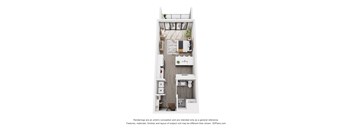 A 3D floor plan of a small apartment with a kitchen, living room, and bathroom.