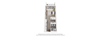 A white floor plan of a small apartment with a kitchen, living room, and bathroom.