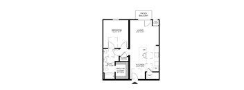 A black and white image of a floor plan for a small apartment.