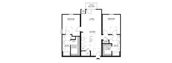 A black and white image of a floor plan for a home with a living room, two bedrooms, a bathroom, and a kitchen.