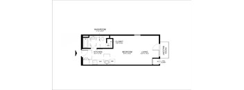 A floor plan of a house with a washroom, kitchen, bedroom, living room and a patio.